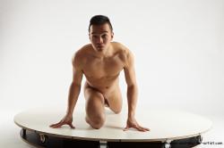 Nude Man Asian Kneeling poses - ALL Slim Short Kneeling poses - on both knees Black Realistic